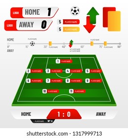 Set of soccer infographic elements. Soccer match statistics template. Football elements, play field, timeline, Objects and Equipment events. Vector illustration.