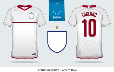 Set Of Soccer Jersey Or Football Kit Template Design For England National Football Team. Front And Back View Soccer Uniform. Football T Shirt Mock Up. Vector Illustration