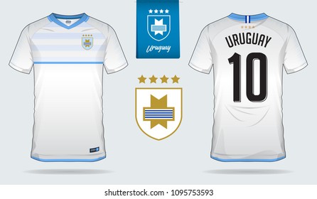 Set of soccer jersey or football kit template design for Uruguay national football team. Front and back view soccer uniform. Football t shirt mock up. Vector Illustration