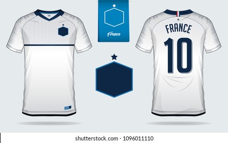 Set of soccer jersey or football kit template design for France national football team. Front and back view soccer uniform. Football t shirt mock up. Vector Illustration