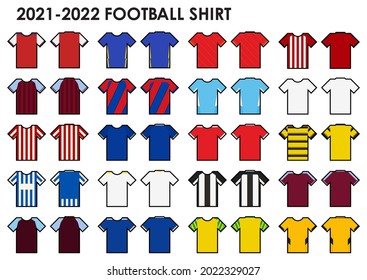 Juego de jersey de fútbol o plantilla de equipo de fútbol para el club de fútbol inglés. 2021-2022 Broma de camisetas de fútbol. Vista frontal de la camiseta de fútbol de diseño plano. Ilustración vectorial