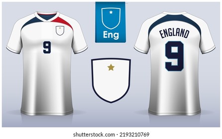 Set of soccer jersey or football kit template design for England national football team. Front and back view soccer uniform. White football t shirt mock up with flat logo. Vector Illustration