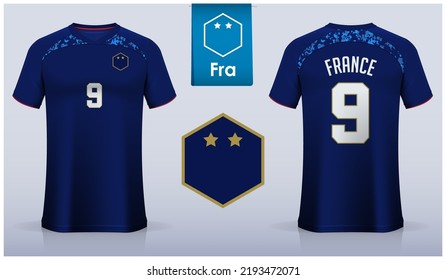 Set of soccer jersey or football kit template design for France national football team. Front and back view soccer uniform. Blue Football t shirt mock up with flat logo. Vector Illustration