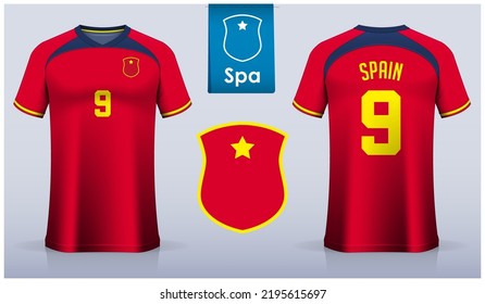 Set Of Soccer Jersey Or Football Kit Template Design For Spain National Football Team. Front And Back View Soccer Uniform. Red Football T Shirt Mock Up With Flat Logo. Vector Illustration