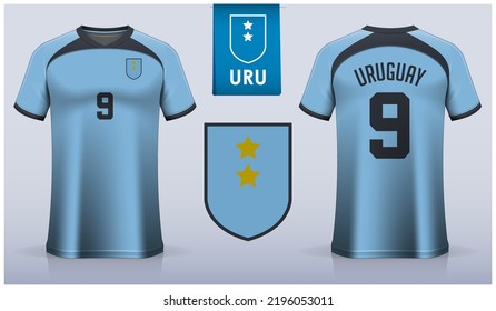 Set of soccer jersey or football kit template design for Uruguay national football team. Front and back view soccer uniform. Blue Football t shirt mock up with flat logo. Vector Illustration