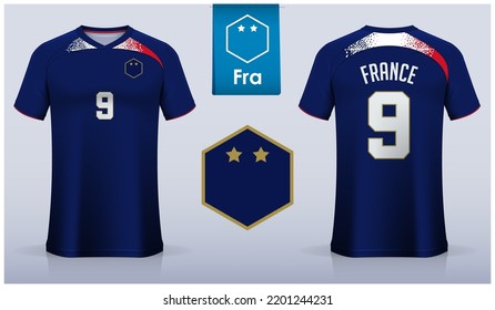 Set of soccer jersey or football kit template design for France national football team. Front and back view soccer uniform. Blue Football t shirt mock up with flat logo. Vector Illustration