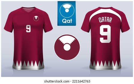 Set of soccer jersey or football kit template design for Qatar national football team. Front and back view soccer uniform. Red Football t shirt mock up with flat logo. Vector Illustration