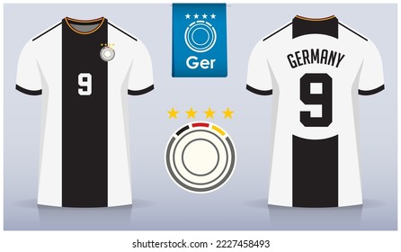 Set von Fußball-Jersey oder Football-Kit-Vorlagen für die deutsche Fußballmannschaft. Fußball-Uniform von vorne und hinten. Blue Football t Shirt mit flachem Logo verzieren. Vektorgrafik