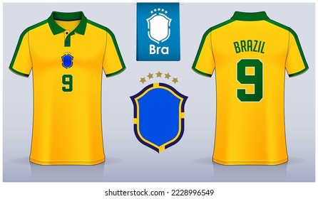 Set of soccer jersey or football kit template design for Brazil national football team. Front and back view soccer uniform. Yellow Football t shirt mock up with flat logo. Vector Illustration