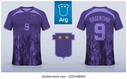 Juego de jersey de fútbol o diseño de plantilla de kit de fútbol para la selección nacional de fútbol de Argentina. Uniforme de fútbol de vista frontal y trasera. La camiseta violeta de fútbol se burla del logo plano. Ilustración vectorial