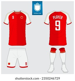 Set of soccer jersey or football kit mockup design for football club. Football shirt, short, sock template. Soccer uniform in front view, back view. Football badge in flat design. Vector Illustration.