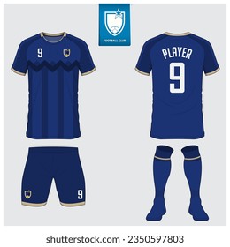 Set of soccer jersey or football kit mockup design for football club. Football shirt, short, sock template. Soccer uniform in front view, back view. Football badge in flat design. Vector Illustration.