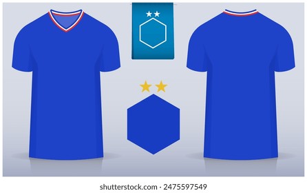 Set of soccer jersey or football kit template design for France national football team. Front and back view soccer uniform. Blue Football t shirt mock up with flat logo. Vector Illustration