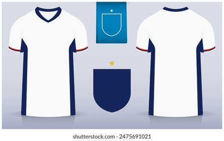 Set of soccer jersey or football kit template design for England national football team. Front and back view soccer uniform. Blue Football t shirt mock up with flat logo. Vector Illustration