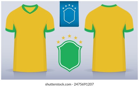 Set of soccer jersey or football kit template design for Brazil national football team. Front and back view soccer uniform. Blue Football t shirt mock up with flat logo. Vector Illustration