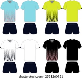 Set of soccer jersey or football kit mockup design for football club with different colors. Football shirt, short. Soccer uniform in front view, back view. Vector Illustration. Sports uniform.