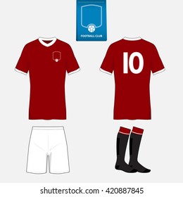 Set of soccer jersey or football kit template for your football club in retro style. Front and back view. Vector Illustration