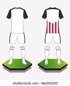 Set of soccer jersey or football kit template for football club. Flat football logo on blue label. Front and back view soccer uniform. Sport shirt mock up. Vector Illustration