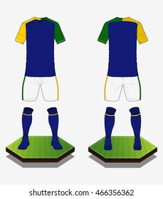 Set of soccer jersey or football kit template for football club. Flat football logo on blue label. Front and back view soccer uniform. Sport shirt mock up. Vector Illustration