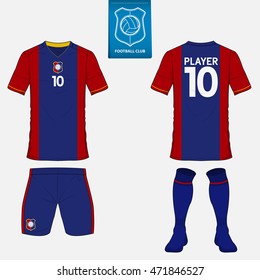 Set of soccer jersey or football kit template for football club. Flat football logo on blue label. Front and back view soccer uniform. Sport shirt mock up. Vector Illustration