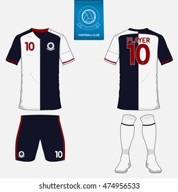Set of soccer jersey or football kit template for football club. Flat football logo on blue label. Front and back view soccer uniform. Sport shirt mock up. Vector Illustration