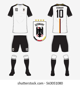 Set Of Soccer Jersey Or Football Kit Template For Germany National Football Team. Front And Back View Soccer Uniform. Sport Shirt Mock Up. Vector Illustration