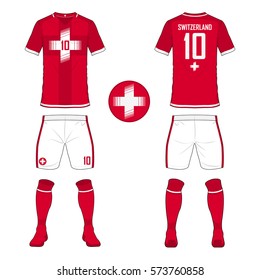 Set of soccer jersey or football kit template for Switzerland national football team. Front and back view soccer uniform. Sport shirt mock up. Vector Illustration