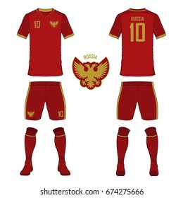 Juego de jersey de fútbol o plantilla de kit de fútbol para la selección nacional rusa de fútbol. Uniforme de fútbol vista frontal y trasera. La camisa deportiva se burla. Ilustración vectorial