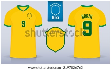 Set of soccer jersey or football kit template design for Brazil national football team. Front and back view soccer uniform. Yellow Football t shirt mock up with flat logo. Vector Illustration
