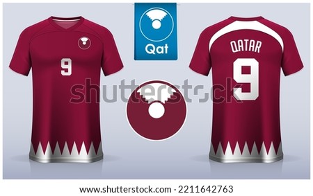 Set of soccer jersey or football kit template design for Qatar national football team. Front and back view soccer uniform. Red Football t shirt mock up with flat logo. Vector Illustration