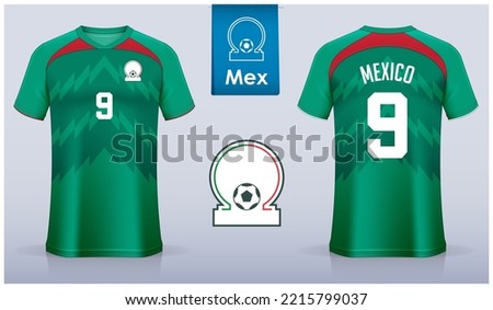 Set of soccer jersey or football kit template design for Mexico national football team. Front and back view soccer uniform. Mexico football t shirt mock up with flat logo. Vector Illustration