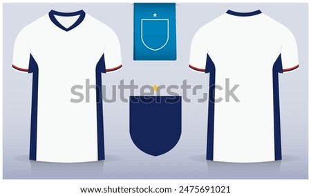 Set of soccer jersey or football kit template design for England national football team. Front and back view soccer uniform. Blue Football t shirt mock up with flat logo. Vector Illustration