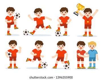 Set of Soccer kid with different pose. Player celebrating with a trophy after match on soccer field. Happy Boy is playing football and  improving soccer skills. A boy football training session.