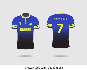Set of soccer kit or football jersey template for football club. Yellow black football shirt mock up. Front and back view soccer uniform. Flat football logo  label. Vector Illustration.