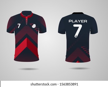 Set of soccer kit or football jersey template for football club. Red black football shirt mock up. Front and back view soccer uniform. Flat football logo  label. Vector Illustration.