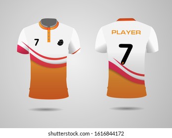 Set of soccer kit or football jersey template for football club. orange white football shirt mock up. Front and back view soccer uniform. Flat football logo  label. Vector Illustration.