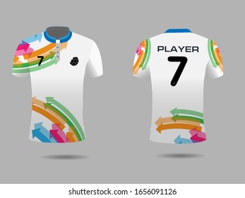 Set of soccer kit or football jersey template for football club. colorful football shirt mock up. Front and back view soccer uniform. Flat football logo  label. Vector Illustration.