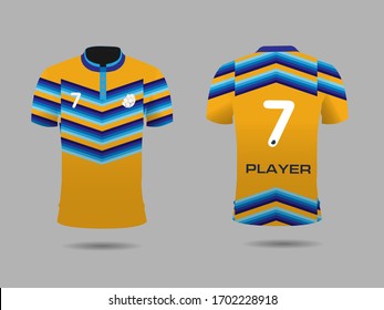 Set of soccer kit or football jersey template for football club. orange blue football shirt mock up. Front and back view soccer uniform. Flat football logo  label. Vector Illustration.