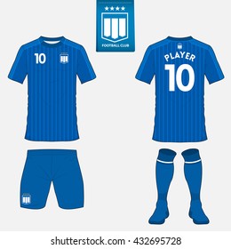 Set of soccer kit or football jersey template for football club. Flat logo on blue label. Front and back view. Football uniform. Vector Illustration