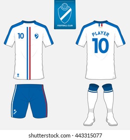 Set Of Soccer Kit Or Football Jersey Template For Football Club. Flat Football Logo On Blue Label. Front And Back View. Football Uniform. Vector Illustration
