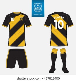 Set of soccer kit or football jersey template for football club. Front and back view. Football apparel mock up. Vector Illustration