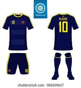 Set of soccer kit or football jersey template for football club. Flat football logo on blue label. Front and back view soccer uniform. Football shirt mock up. Vector Illustration.