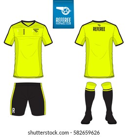 Set Of Soccer Kit Or Football Jersey Template For Football Club. Flat Football Logo On Blue Label. Front And Back View Soccer Uniform. Football's Referee Shirt Mock Up. Vector Illustration.