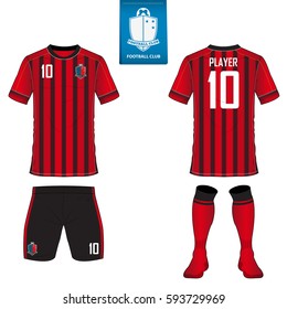 Set of soccer kit or football jersey template for football club. Flat football logo on blue label. Front and back view soccer uniform. Football shirt mock up. Vector Illustration.