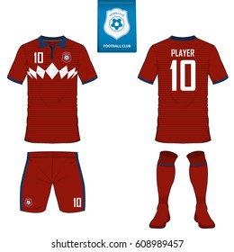 Set of soccer kit or football jersey template for football club. Flat football logo on blue label. Front and back view soccer uniform. Football shirt mock up. Vector Illustration.
