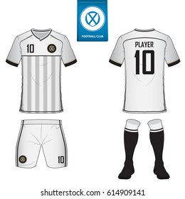 Set Of Soccer Kit Or Football Jersey Template For Football Club. Flat Football Logo On Blue Label. Front And Back View Soccer Uniform. Football Shirt Mock Up. Vector Illustration.