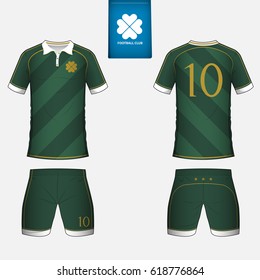 Set of soccer kit or football jersey template for football club. Flat football logo on blue label. Front and back view soccer uniform. Football shirt mock up. Vector Illustration.