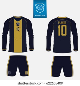 Set of soccer kit or football jersey template for football club. Long sleeve football shirt mock up. Front and back view soccer uniform. Flat football logo on blue label. Vector Illustration.