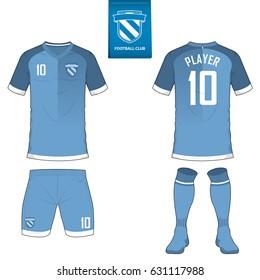 Set of soccer kit or football jersey template for football club. Short sleeve football shirt mock up. Front and back view soccer uniform. Flat football logo on blue label. Vector Illustration.