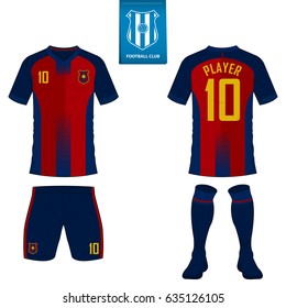 Set of soccer kit or football jersey template for football club. Short sleeve football shirt mock up. Front and back view soccer uniform. Flat football logo on blue label. Vector Illustration.